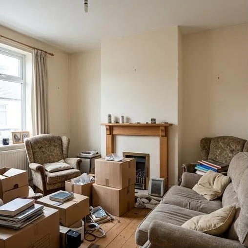 Illustrative house clearance before: unwanted furniture and boxes in a living room