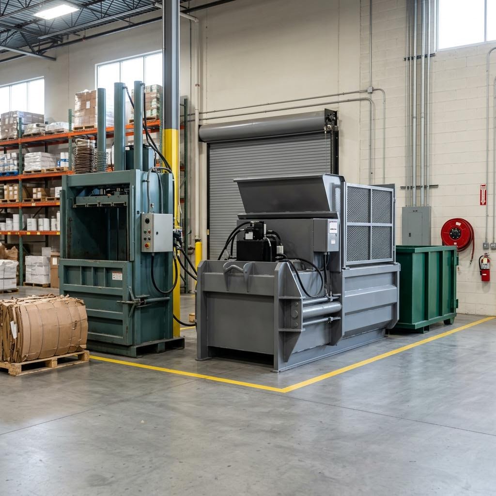 Cardboard baler in a commercial warehouse