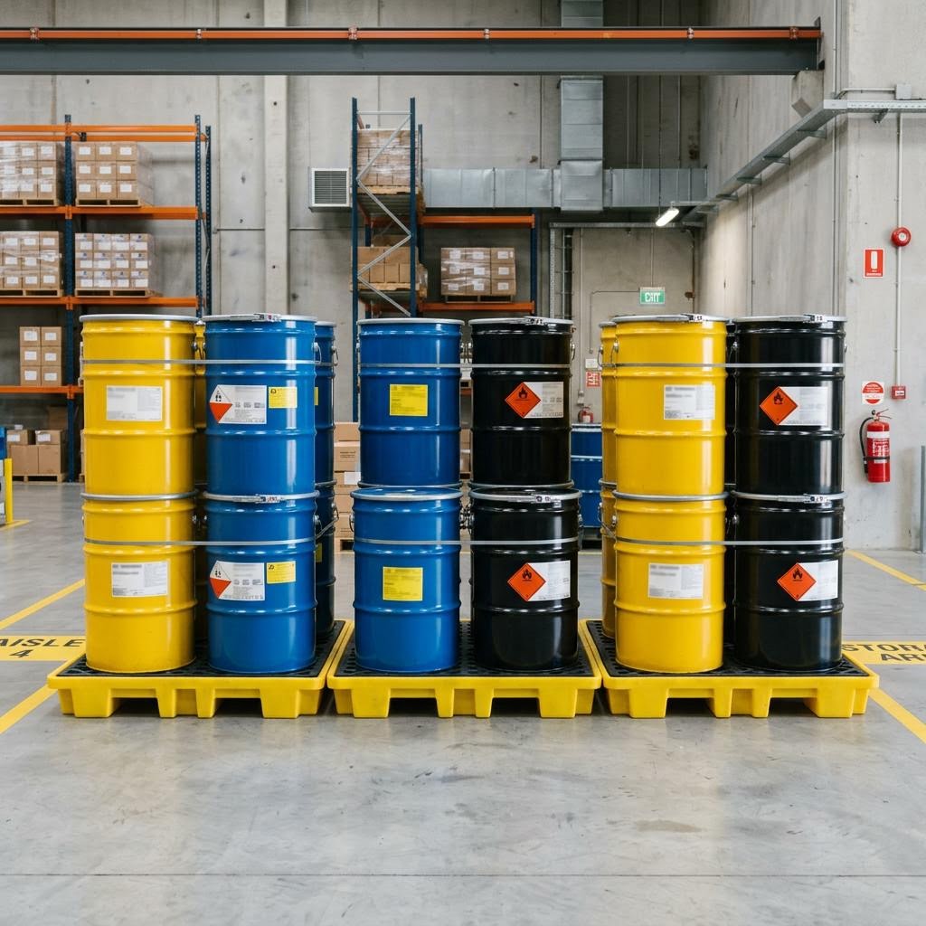 Sealed hazardous waste drums stored on spill pallets