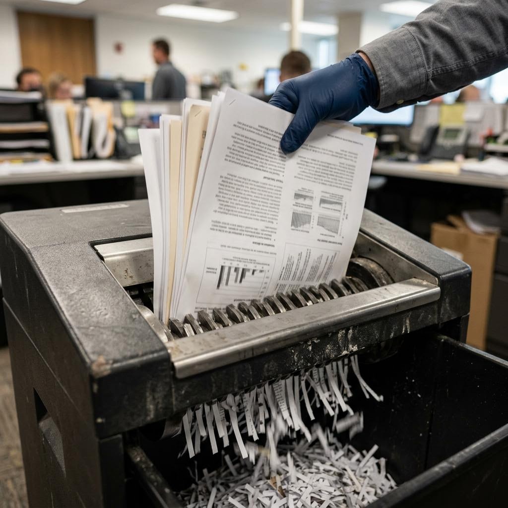 Paper being securely destroyed in an industrial shredder